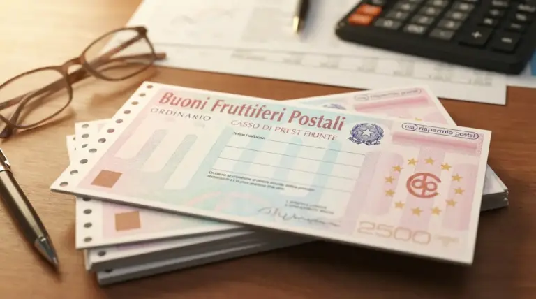Buoni fruttiferi postali su una scrivania con calcolatrice, occhiali e penna, per analisi di rendimento e risparmio