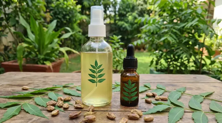 Flacone spray e boccetta con contagocce di olio di neem su tavolo di legno, con foglie e semi in giardino