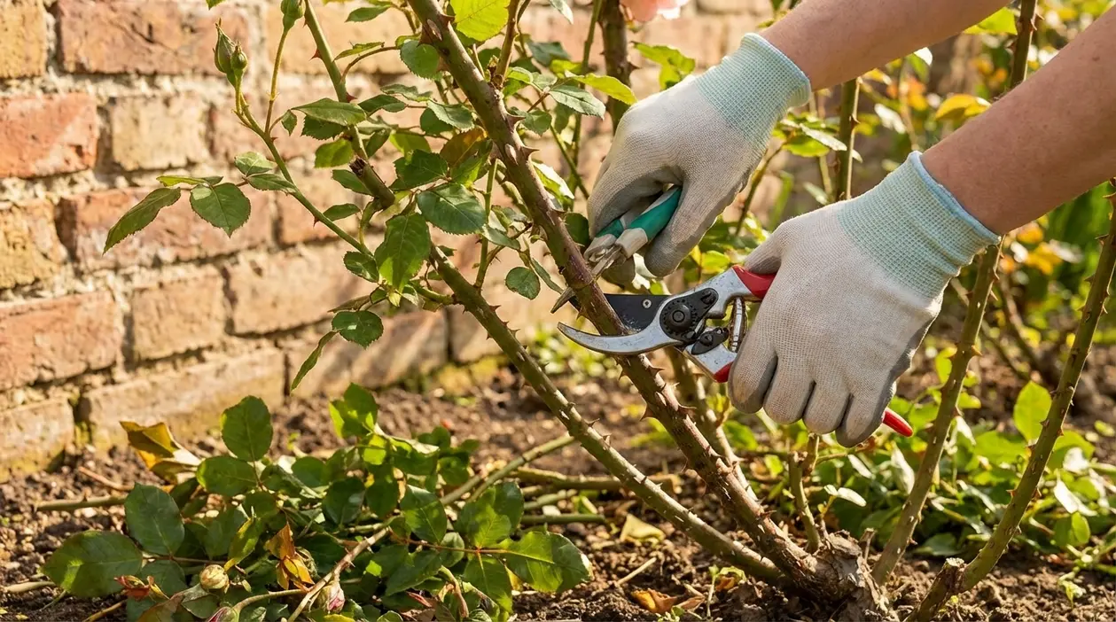 Mani con guanti potano un cespuglio di rose con cesoie in giardino vicino a un muro di mattoni