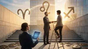 Persone in abiti da lavoro si stringono la mano su una scala tra grattacieli, con simboli zodiacali sullo sfondo