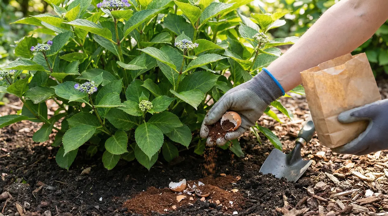 Mano con guanto che sparge gusci d’uovo e polvere nel terreno ai piedi di un’ortensia con boccioli
