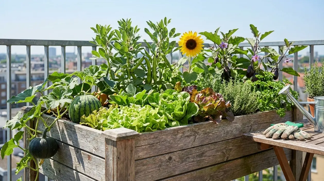 Orto rialzato in legno su balcone con insalate, erbe aromatiche, melanzane, girasole e angurie