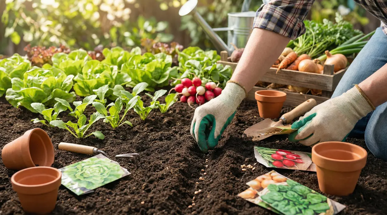 Persona con guanti che semina nell’orto tra piantine di insalata, bustine di semi e attrezzi da giardinaggio