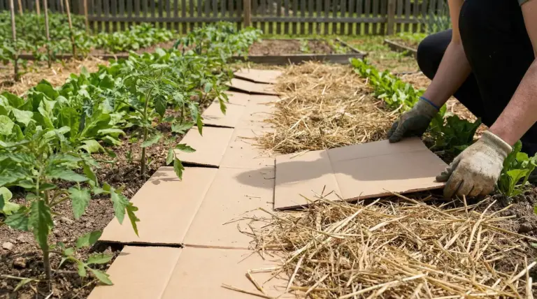 Persona stende cartone tra le file dell’orto e lo copre con paglia per la pacciamatura