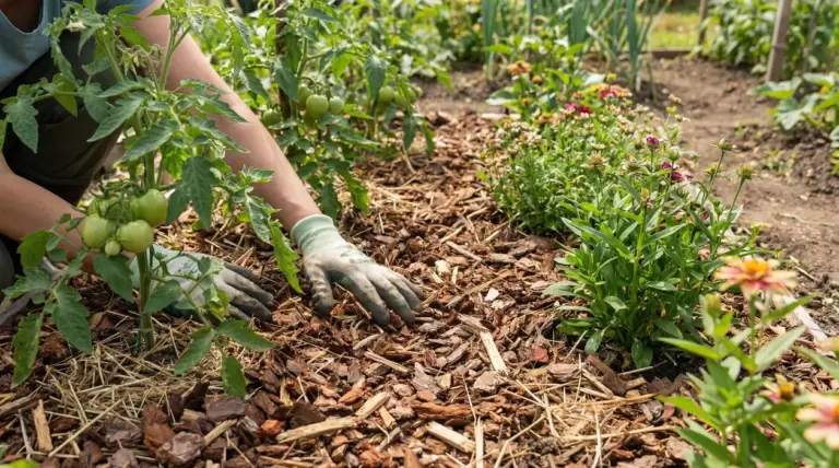 Persona stende pacciamatura con corteccia e paglia nell'orto attorno a piante di pomodoro e fiori