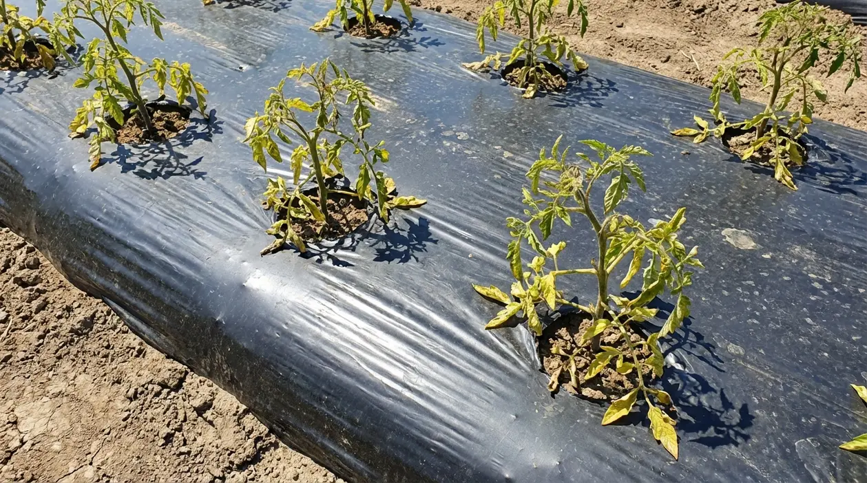 Piante di pomodoro sofferenti su aiuola coperta con pacciamatura in plastica nera nell'orto