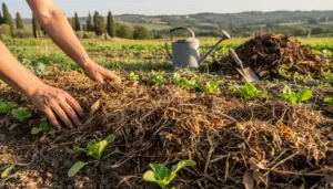 Mani che stendono pacciamatura di paglia nell’orto tra piantine, con annaffiatoio e cumulo di compost sullo sfondo