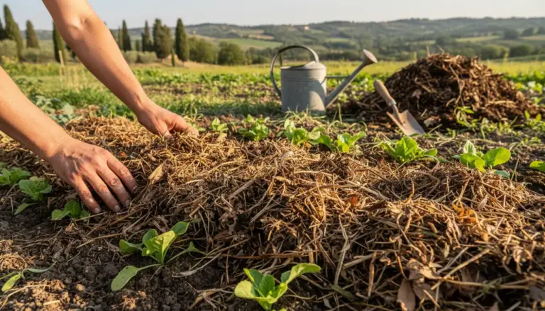 Mani che stendono pacciamatura di paglia nell’orto tra piantine, con annaffiatoio e cumulo di compost sullo sfondo