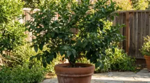 Pianta di limone in vaso su un patio soleggiato in giardino, con foglie verdi e nessun frutto visibile