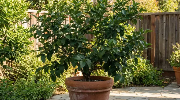 Pianta di limone in vaso su un patio soleggiato in giardino, con foglie verdi e nessun frutto visibile