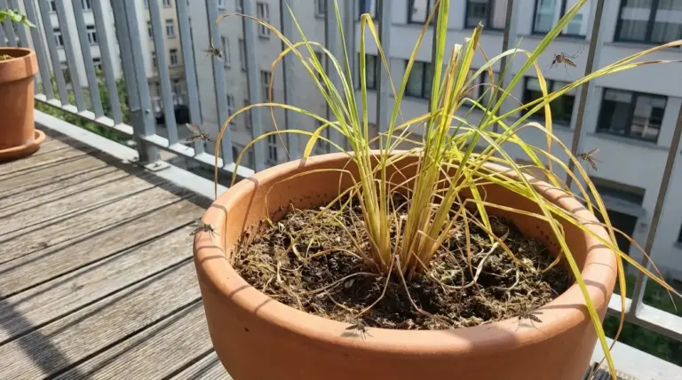Pianta antizanzare in vaso su un balcone, con foglie ingiallite e zanzare intorno