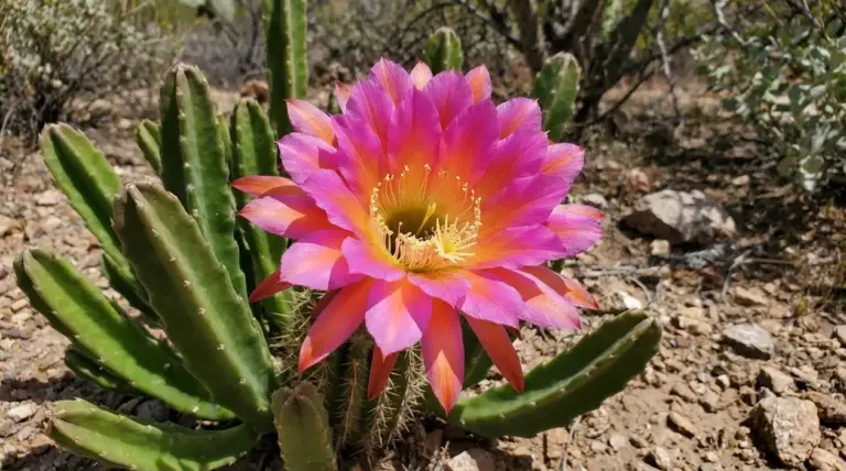 Fiore rosa e arancio di una pianta grassa in piena fioritura diurna in un paesaggio arido