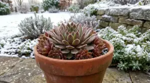 Pianta grassa in vaso con rosette ghiacciate in un giardino innevato, resistente al gelo