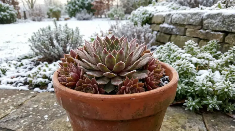 Pianta grassa in vaso con rosette ghiacciate in un giardino innevato, resistente al gelo