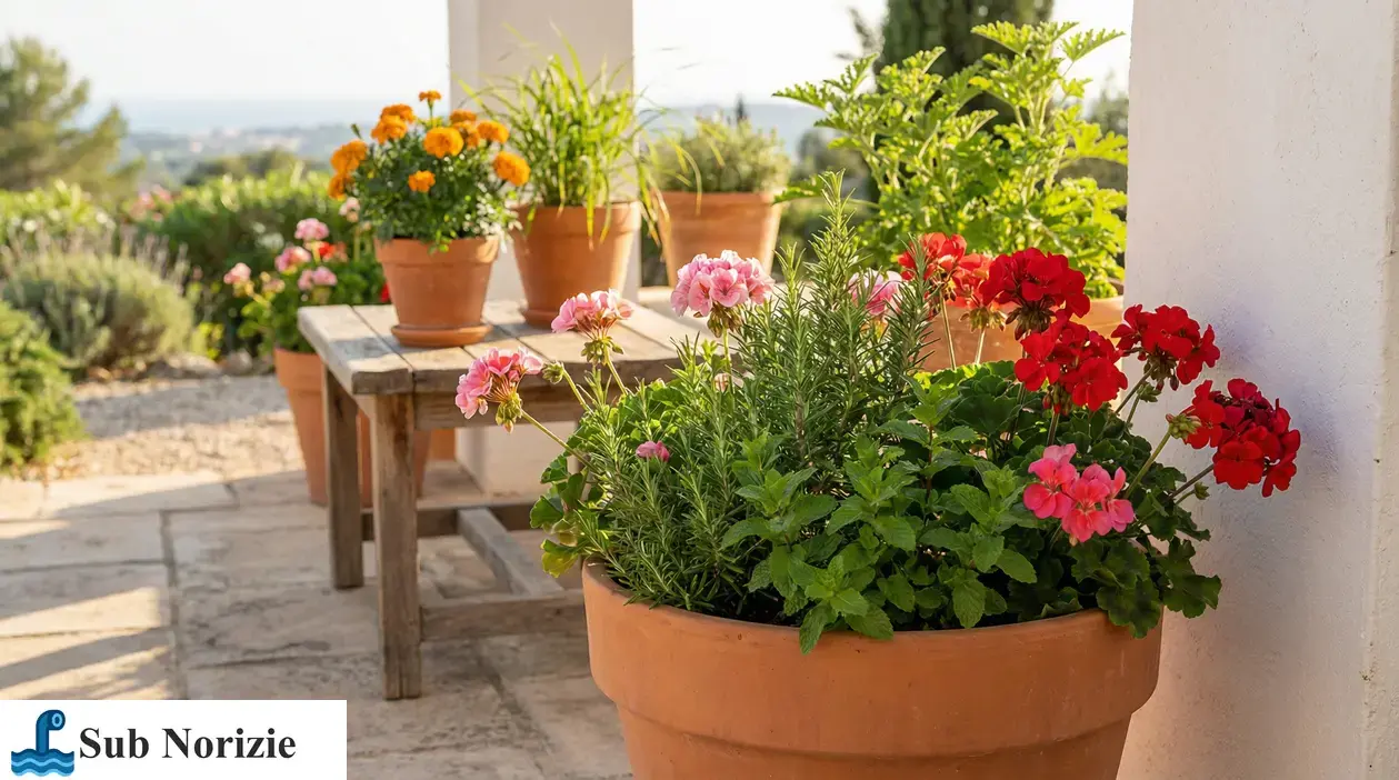 Vasi in terracotta con piante aromatiche e fiori colorati su una terrazza al sole