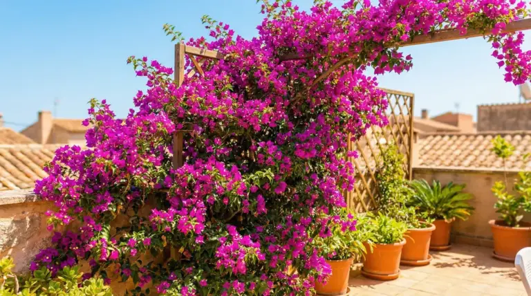Bougainvillea fiorita su pergolato in terrazzo assolato, crea ombra e schermatura naturale tra vasi e ringhiera