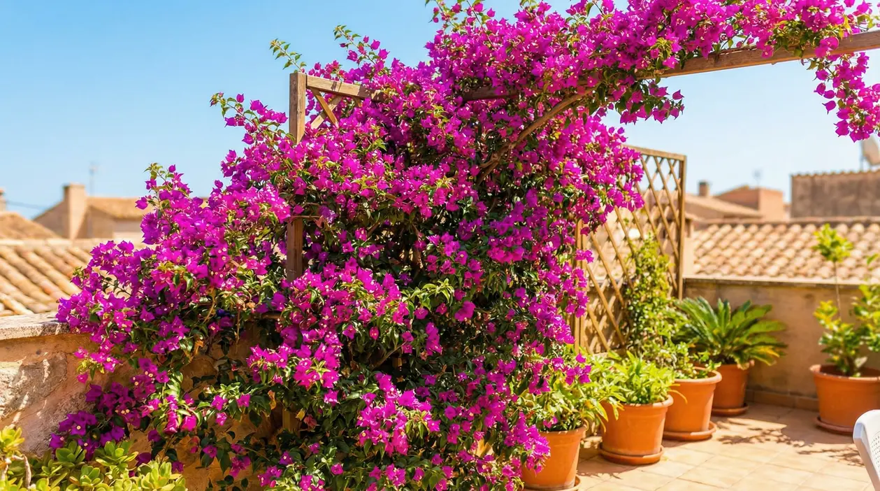 Bougainvillea fiorita su pergolato in terrazzo assolato, crea ombra e schermatura naturale tra vasi e ringhiera