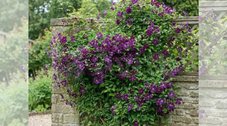 Pianta rampicante con abbondanti fiori viola che ricopre un graticcio in giardino