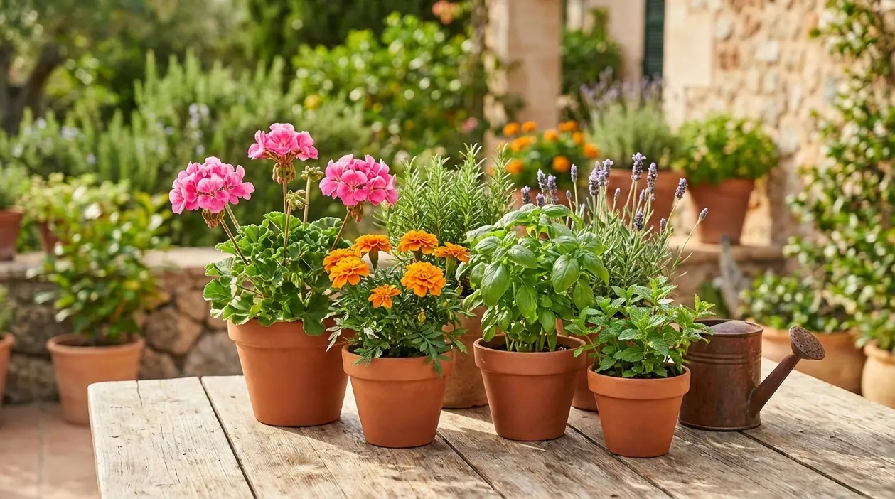 Vasi con gerani, basilico, lavanda, menta e calendule su un tavolo in giardino, piante utili contro le zanzare