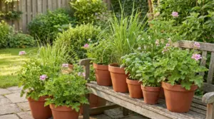 Piante aromatiche e fiori in vasi di terracotta su una panchina in giardino, utili come repellenti naturali per zanzare