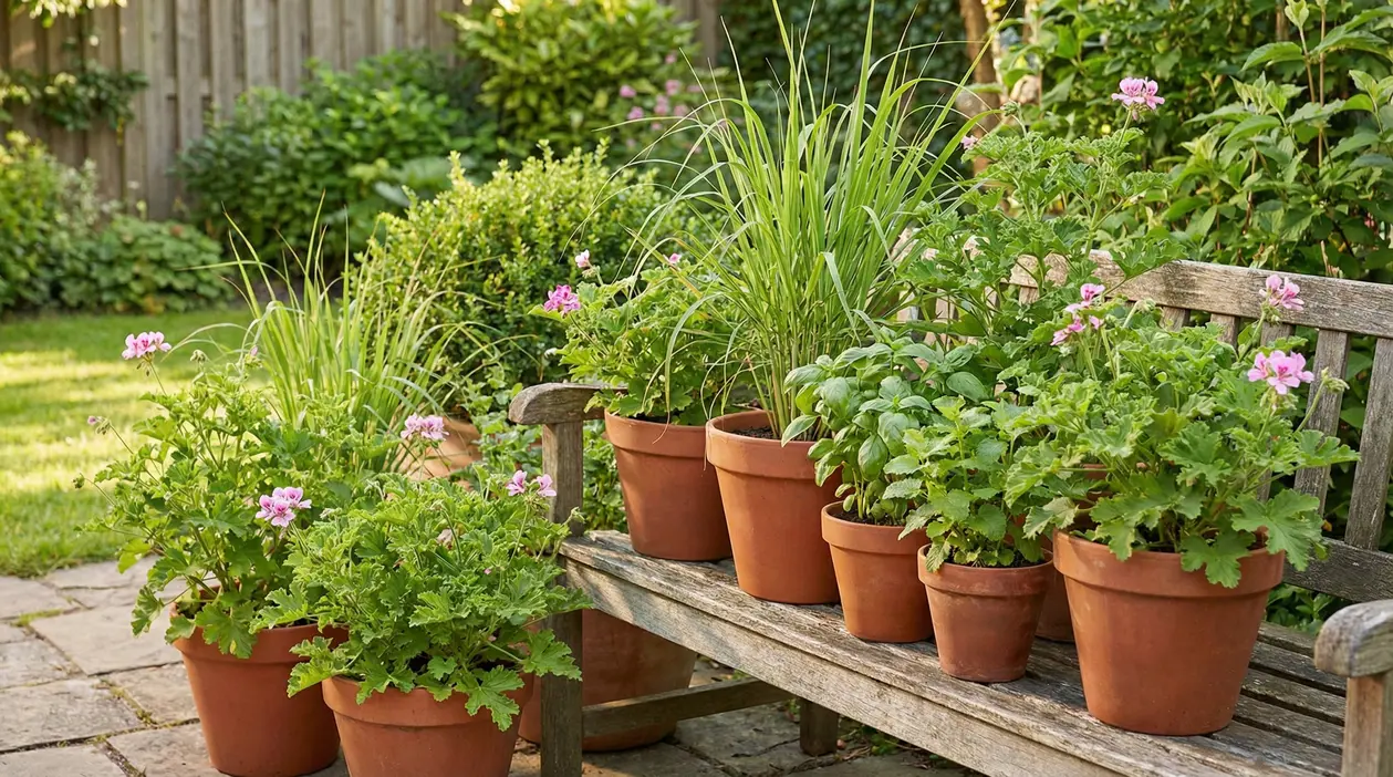 Piante aromatiche e fiori in vasi di terracotta su una panchina in giardino, utili come repellenti naturali per zanzare