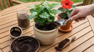 Fondi di caffè aggiunti al terriccio di una pianta in vaso su tavolo da giardino