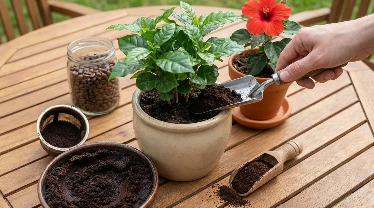 Fondi di caffè aggiunti al terriccio di una pianta in vaso su tavolo da giardino