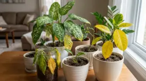 Piante d’appartamento con foglie gialle e afflosciate su un tavolo vicino alla finestra in soggiorno