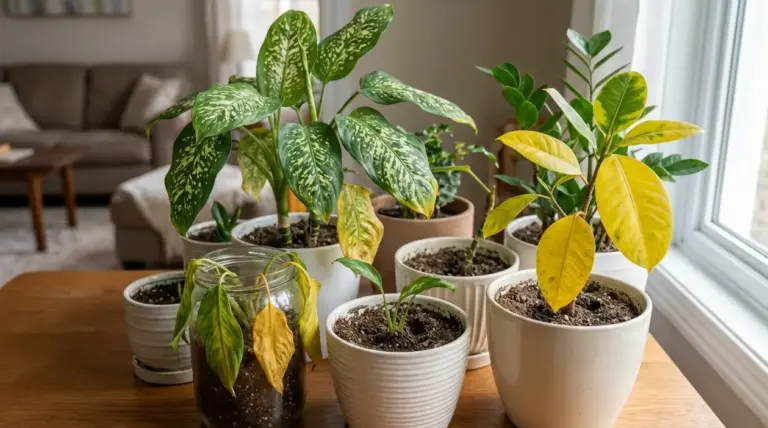 Piante d’appartamento con foglie gialle e afflosciate su un tavolo vicino alla finestra in soggiorno