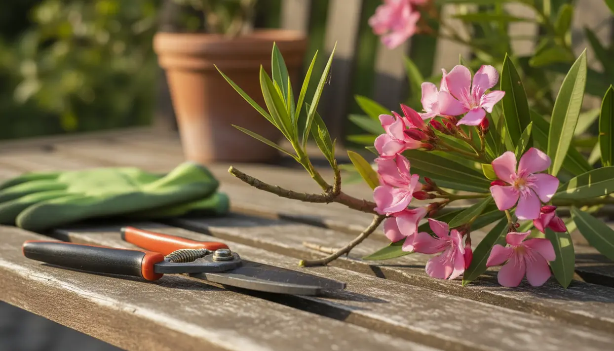 Cesoie da potatura accanto a un ramo con fiori rosa su un tavolo in legno, con guanti da giardinaggio