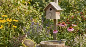 Giardino fiorito con casetta per uccelli, vaschetta d’acqua e piccoli uccellini tra piante e arbusti