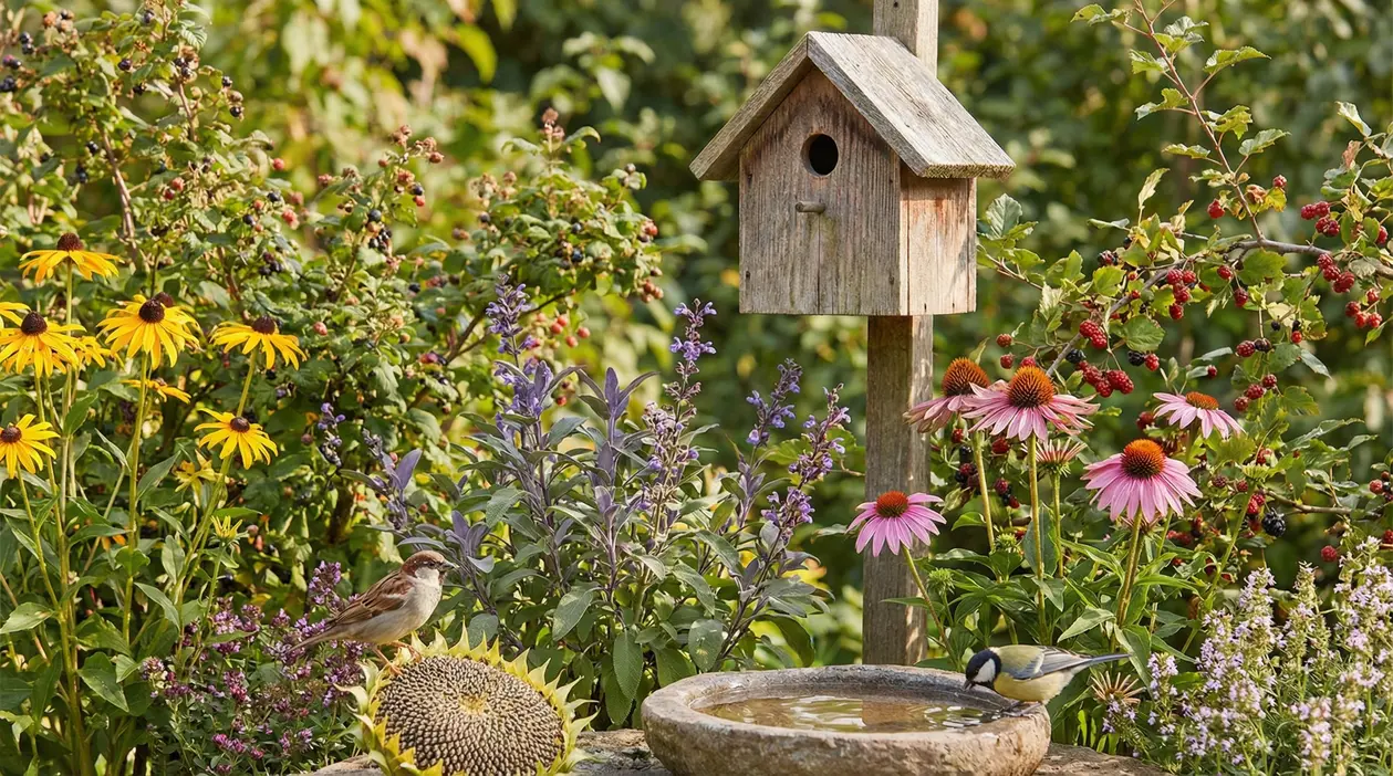 Giardino fiorito con casetta per uccelli, vaschetta d’acqua e piccoli uccellini tra piante e arbusti