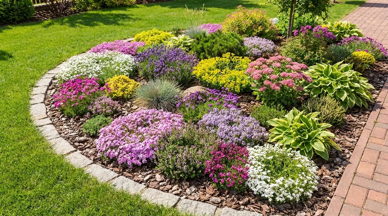 Aiuola da giardino con piante perenni fiorite, tappezzanti e cespugli ornamentali dai colori vivaci
