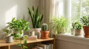 Piante da appartamento su tavolo e davanzale vicino a una finestra luminosa in casa