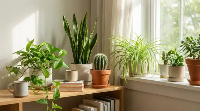 Piante da appartamento su tavolo e davanzale vicino a una finestra luminosa in casa