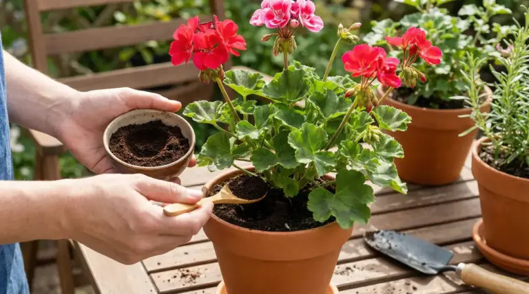 Mani che spargono fondo di caffè su un geranio in vaso con fiori rossi su un tavolo da giardino