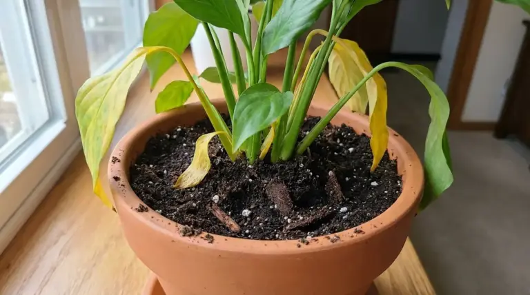 Pianta in vaso con foglie ingiallite e afflosciate dopo il rinvaso, vicino a una finestra