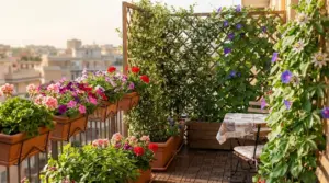 Balcone fiorito con grigliati in legno e piante rampicanti usate come schermatura privacy immediata