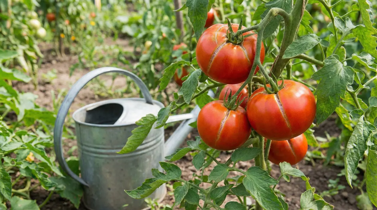 Pomodori maturi con spaccature sulla buccia sulla pianta, con annaffiatoio in un orto