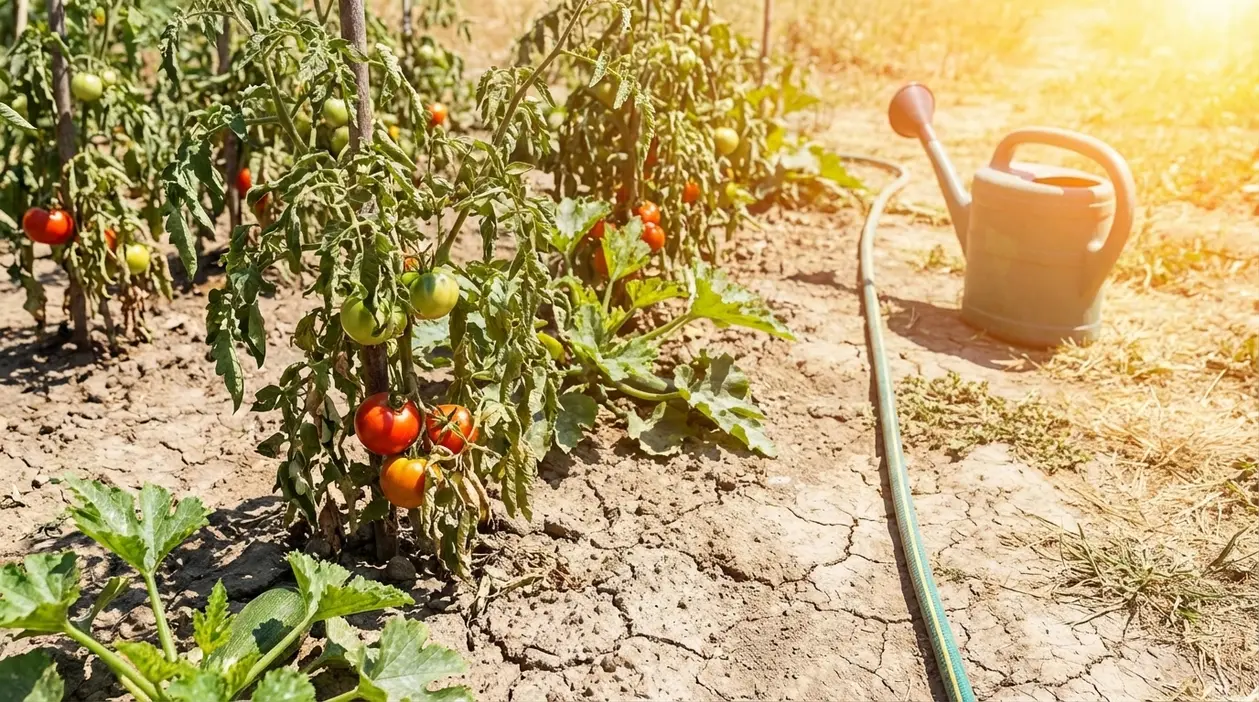 Piante di pomodori e zucchine nell’orto con terreno secco e annaffiatoio durante un’ondata di caldo