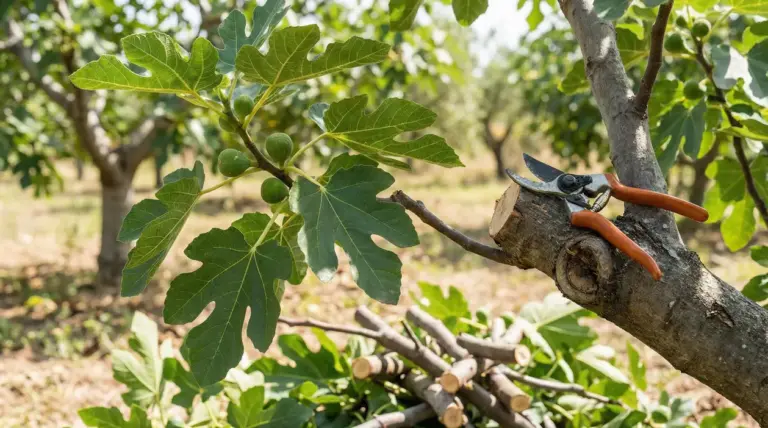 Forbici da potatura su ramo di fico con foglie verdi e frutti in un frutteto