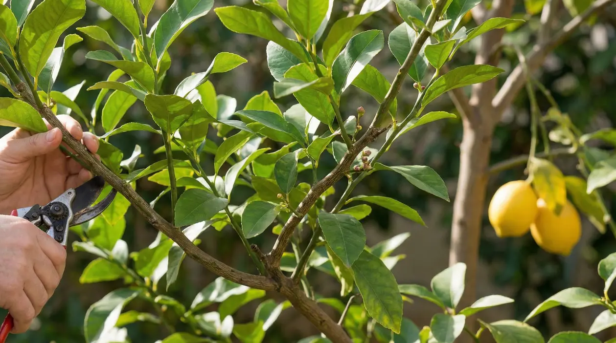 Mani che potano un albero di limone con cesoie, tra foglie verdi e frutti gialli maturi