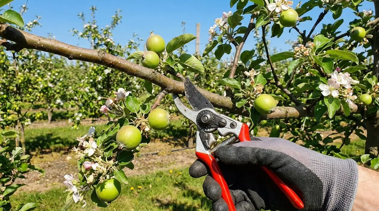 Forbici da potatura che tagliano un ramo di melo con piccoli frutti e fiori in un frutteto