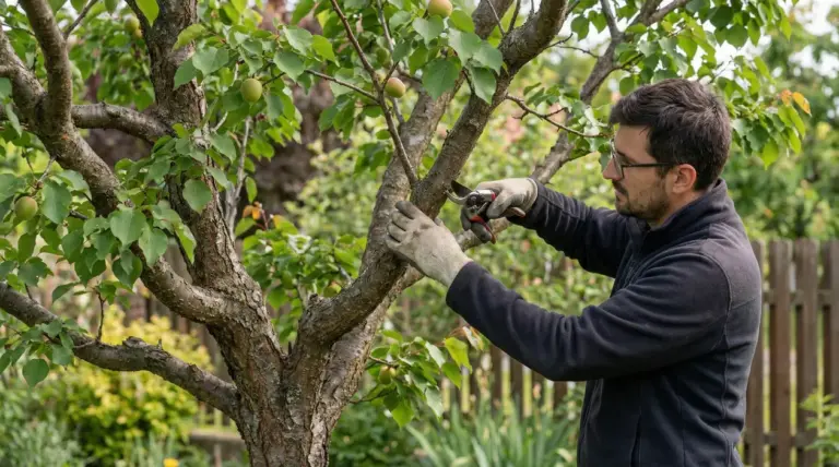 Persona che pota un albero di albicocco in giardino con cesoie da potatura