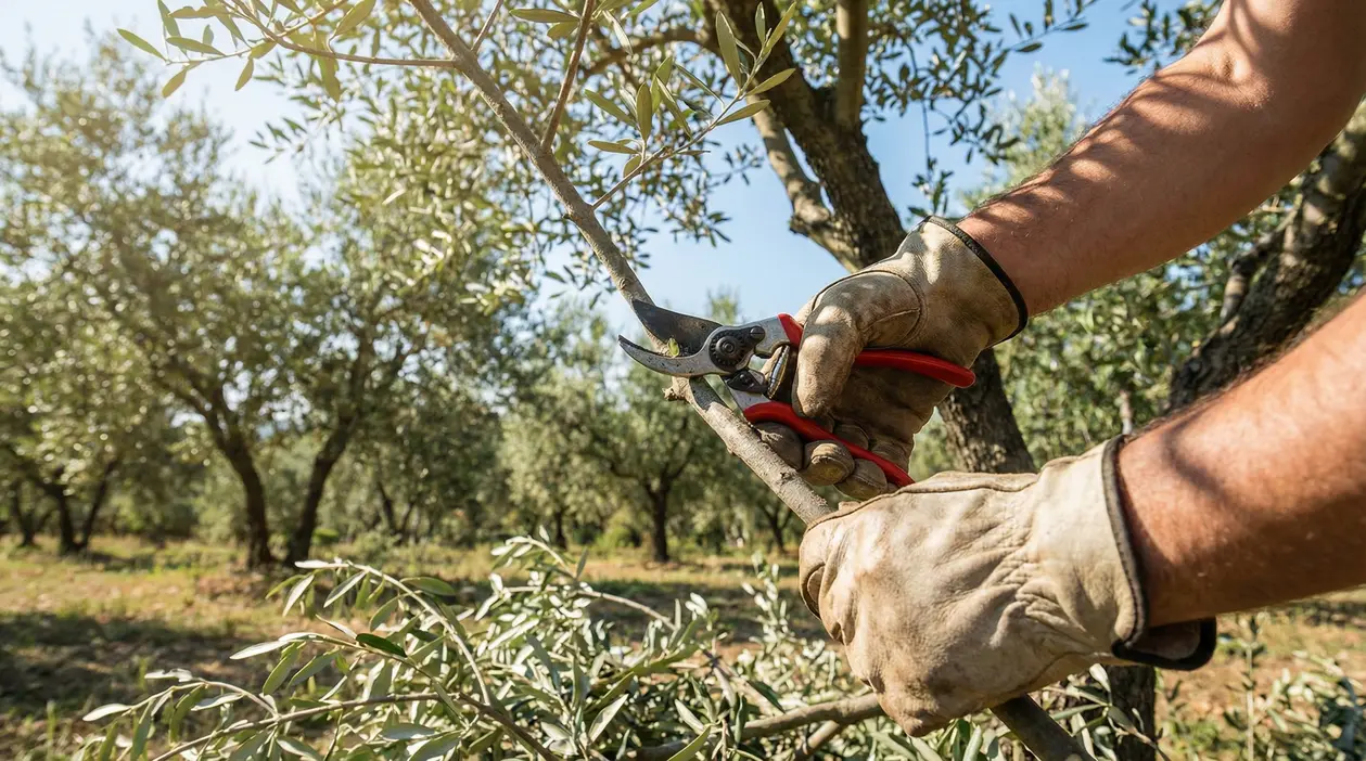Mani con guanti che potano un ramo di ulivo con cesoie in un uliveto