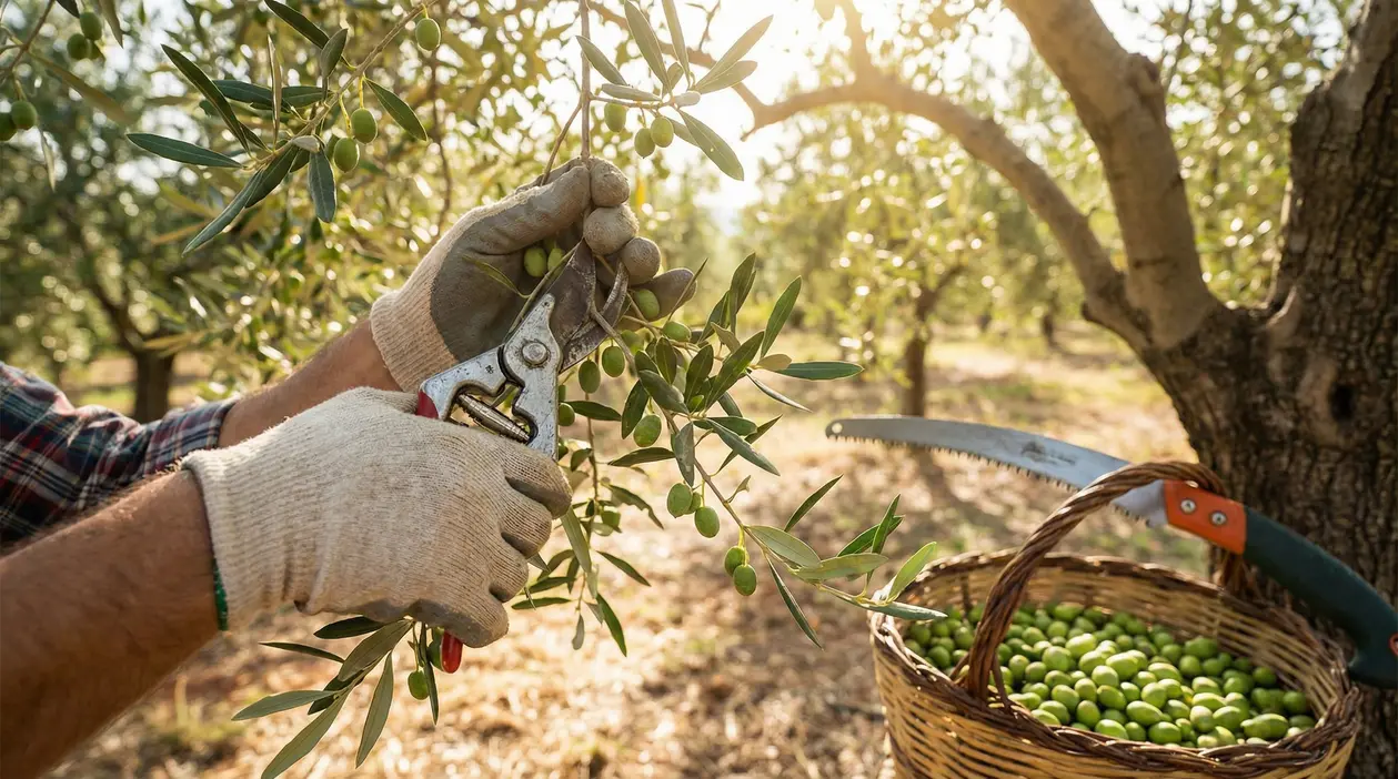 Mani con guanti potano un ramo di ulivo con forbici, con olive verdi e cesto in un uliveto