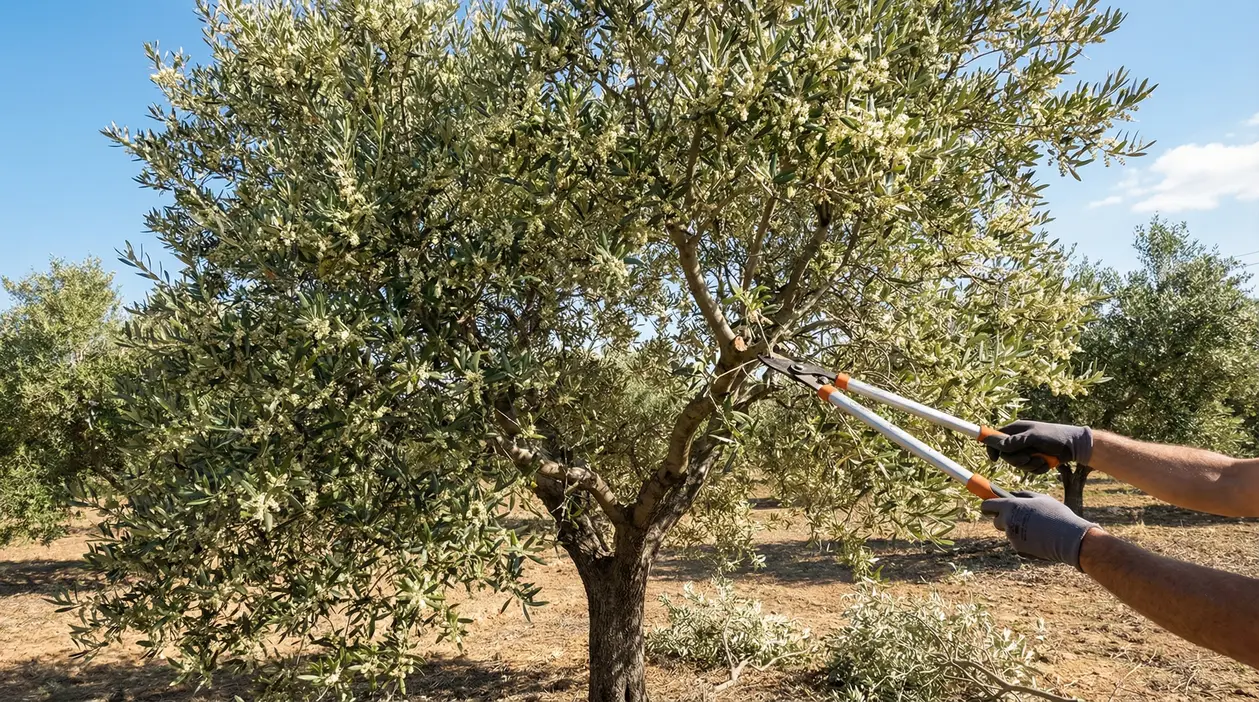 Potatura di un ulivo in fiore in un oliveto per favorire allegagione e produzione di olive