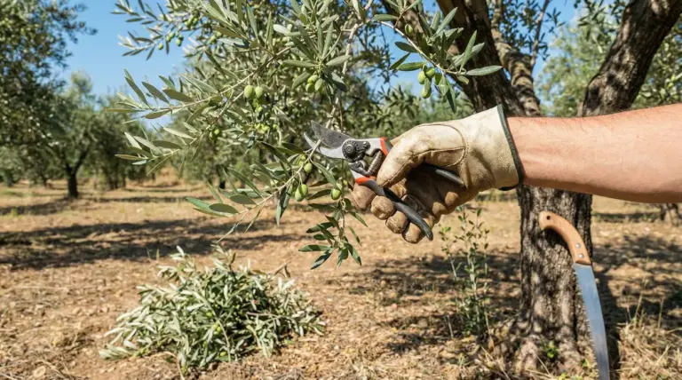 Mano con guanto che pota un ramo di ulivo con cesoie in un oliveto, con olive verdi e rami tagliati a terra