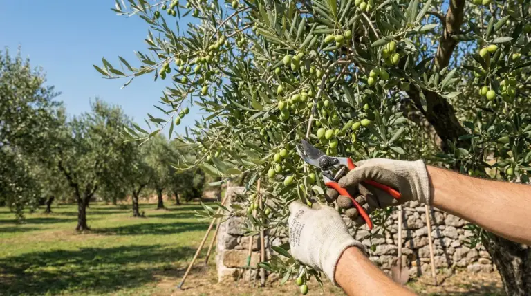 Potatura di un ulivo con cesoie in un oliveto, tra rami carichi di olive verdi