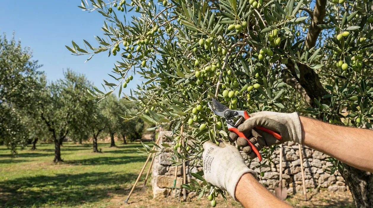 Potatura di un ulivo con cesoie in un oliveto, tra rami carichi di olive verdi